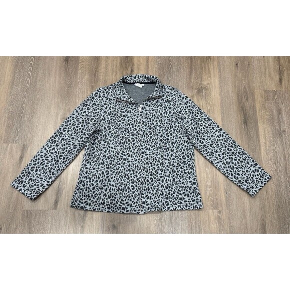 Hot Cotton Womens XL Leopard Print Gray Black Full Zip Jacket Stretch Top - Picture 1 of 8